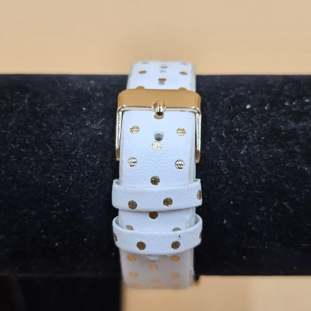 Vintage Ladies White Dial Gold Polkadot Quartz Watch New Battery Adjustable Band